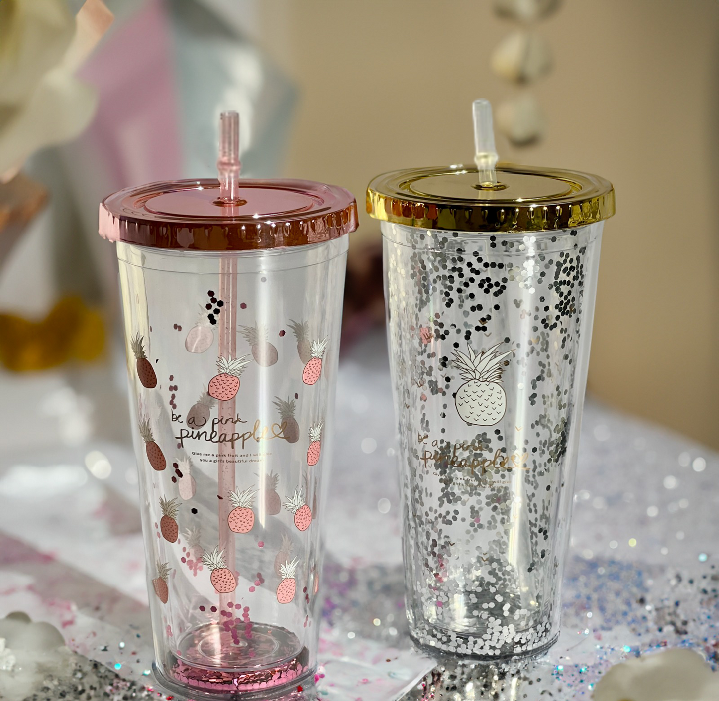 Glitter Cup with Straw 550ml